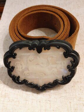 RARE Vintage Diesel Archive Leather Belt – Ornate Carved Shell Buckle Y2K Italy